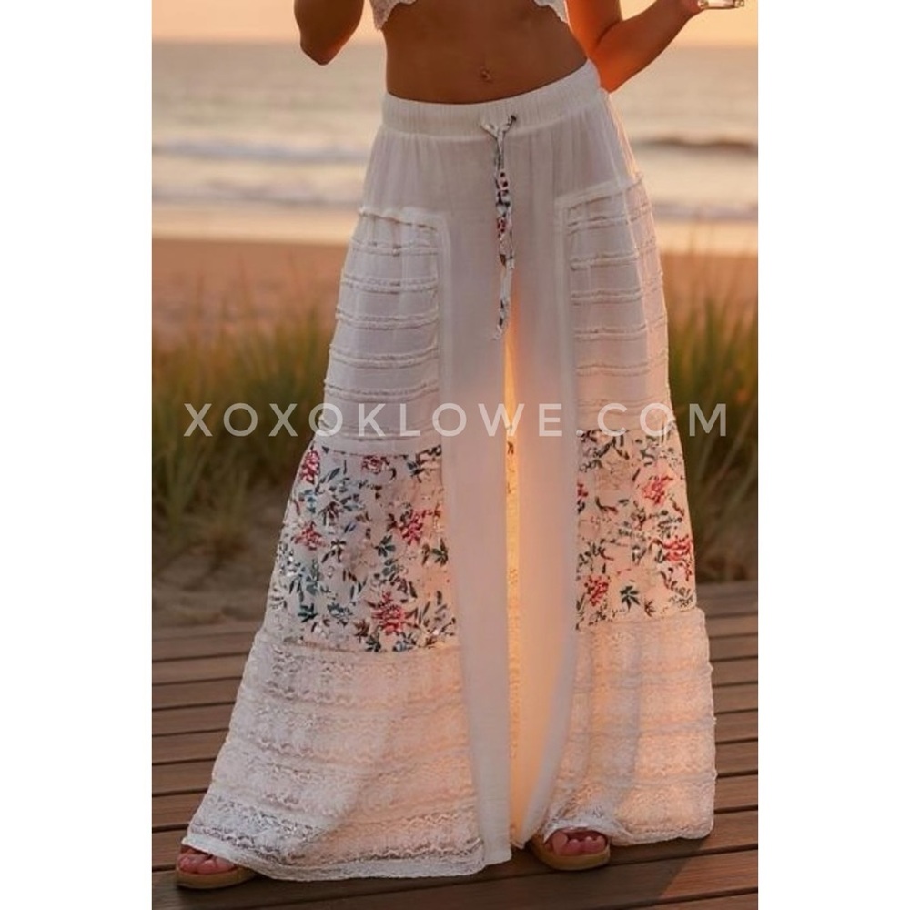 POL White Floral Lace Patchwork Boho Wide Leg Pants | Elastic Waist Pull On - Picture 8 of 10
